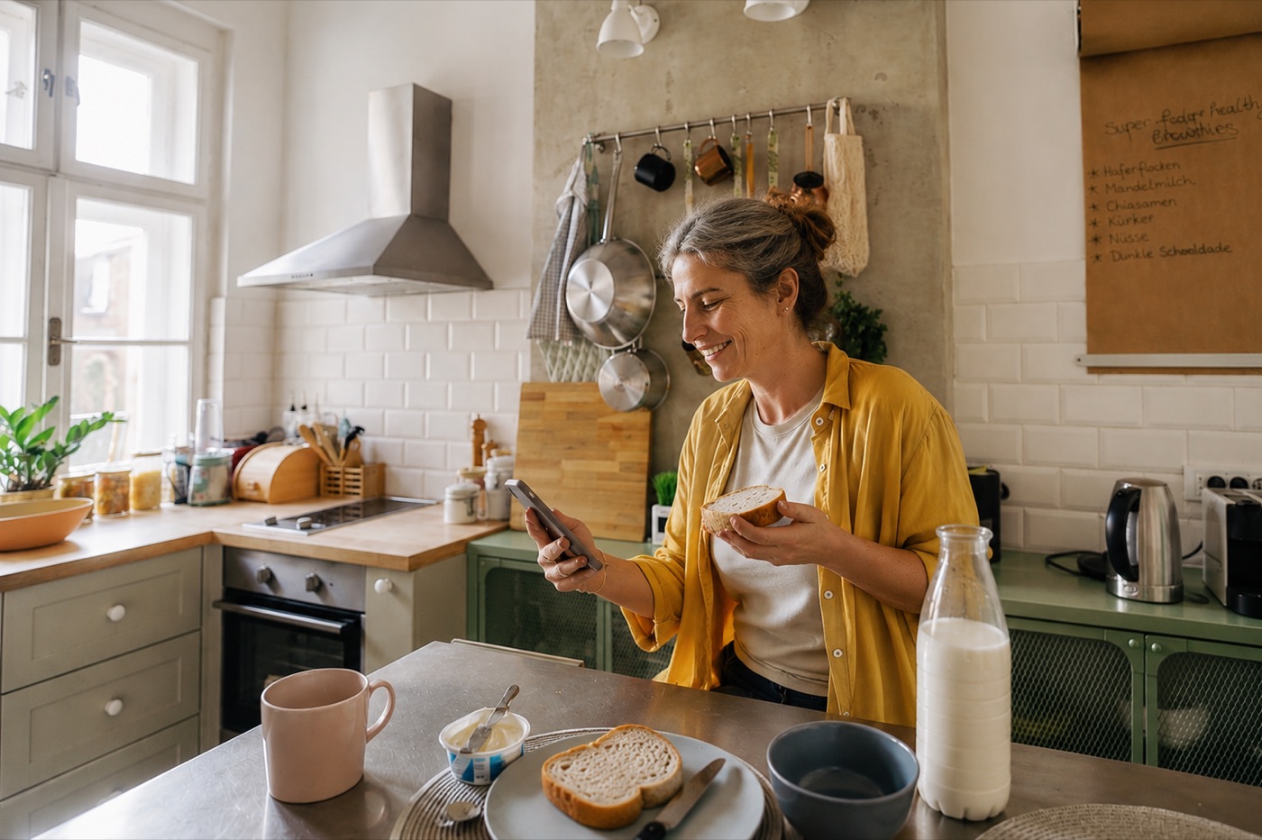 Frau schaut beim Frühstück in der Küche auf ihr Smartphone