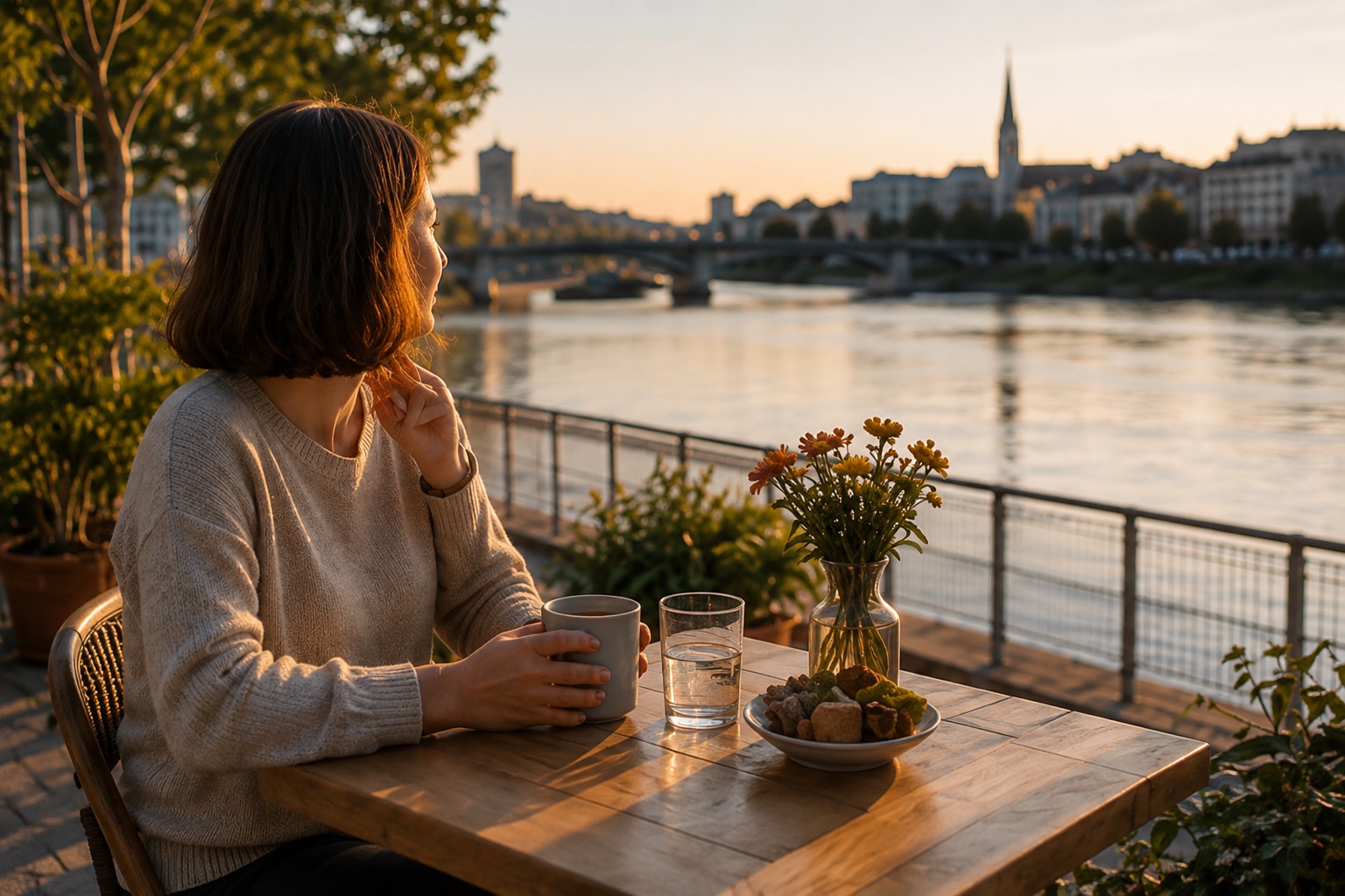 Frau ab 40 sitzt bei Sonnenuntergang an einem Tisch am Donauufer in Linz und blickt aufs Wasser