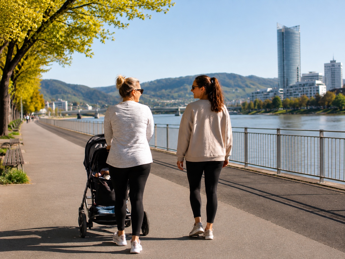 Frauen mit Kinderwagen beim Spaziergang nach der Schwangerschaft